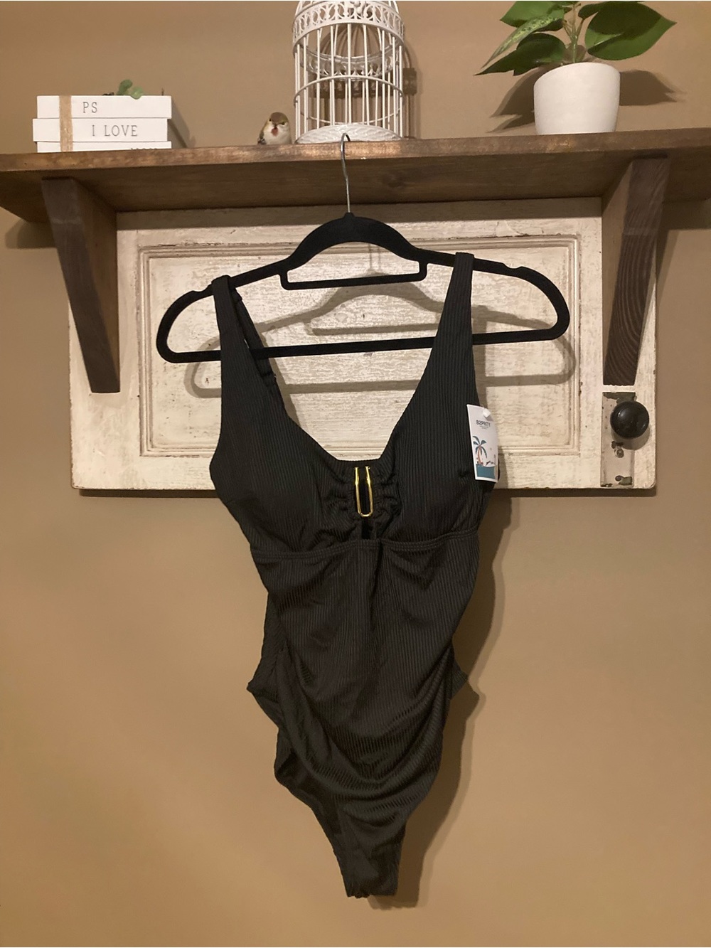 Ribbed Black One-Piece Swimsuit with Gold Accent